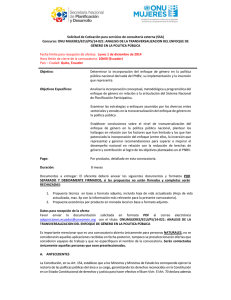   Solicitud de Cotización para servicios de consultoría externa (SSA)  Concurso: ONU MUJERES/ECU/PS/14‐021: ANALISIS DE LA TRANSVERSALIZACION DEL ENFOQUE DE 