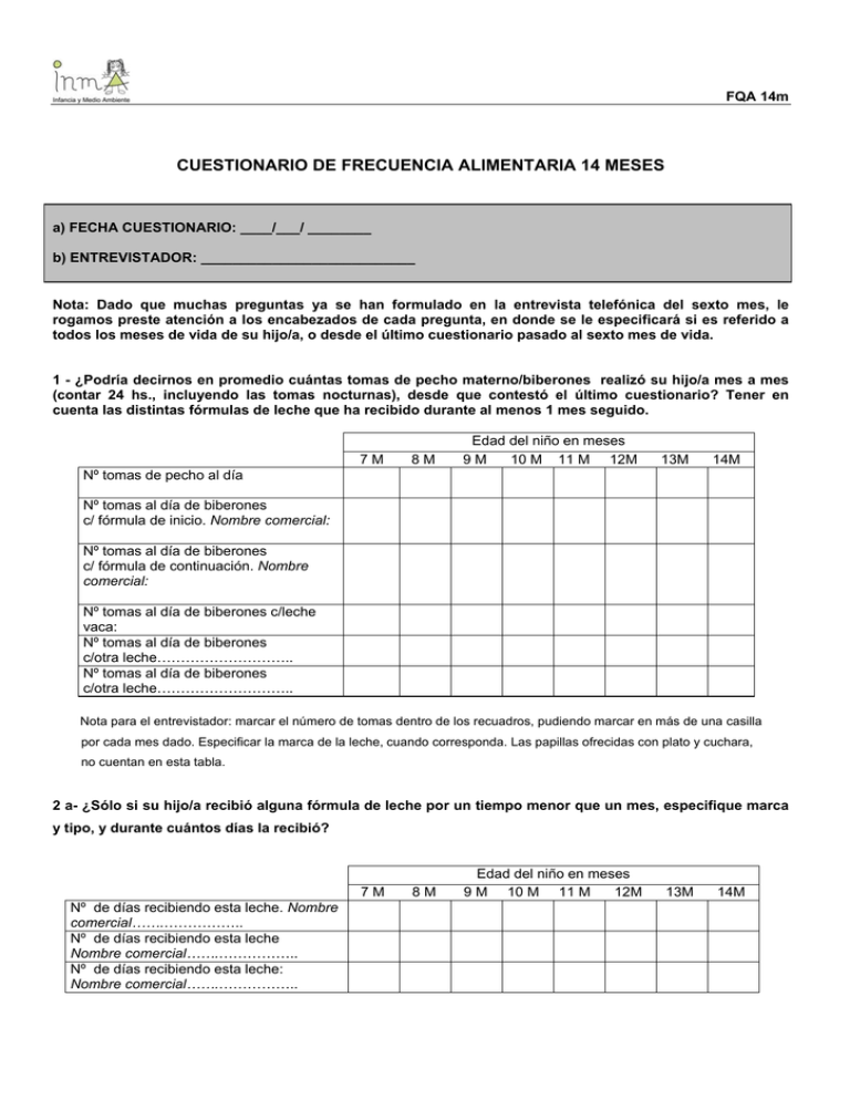 Cuestionario De Nutrición 14 Meses