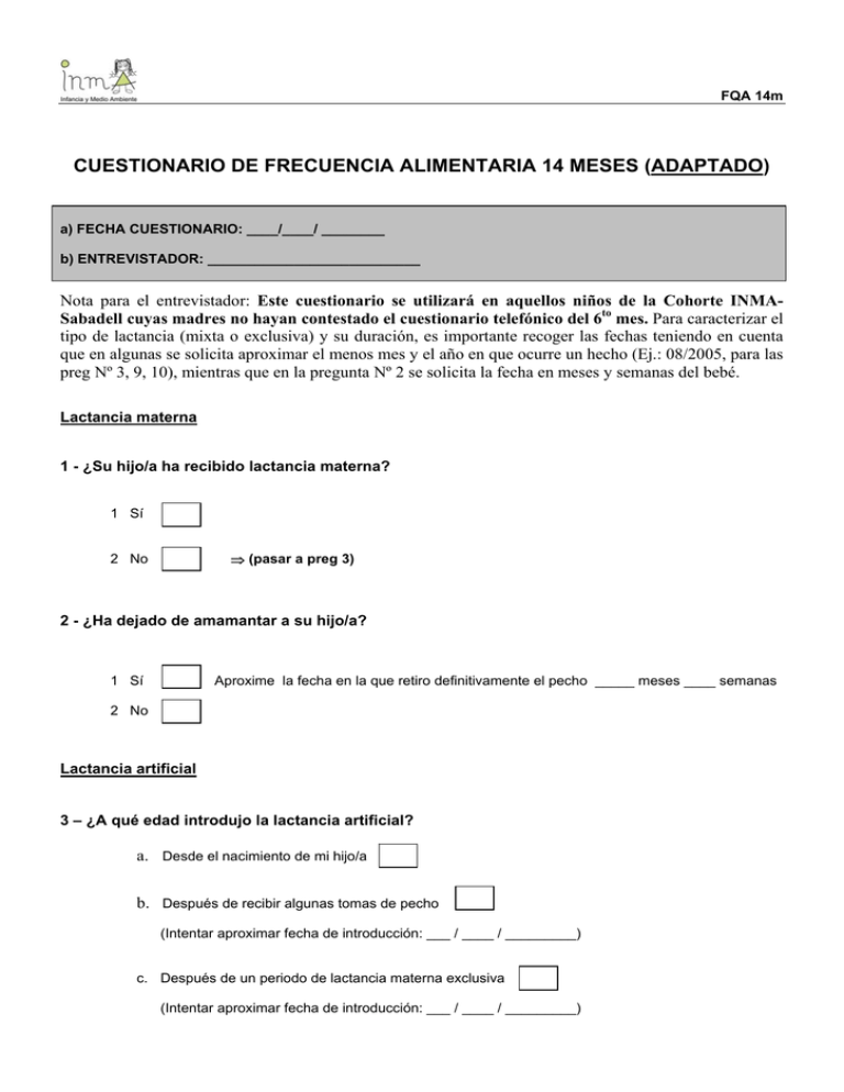 Cuestionario De Nutrición 14 Meses (Adaptado)