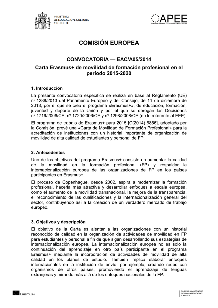 Carta Erasmus+ De Movilidad De Formaci N Profesional En El Periodo 2015 ...