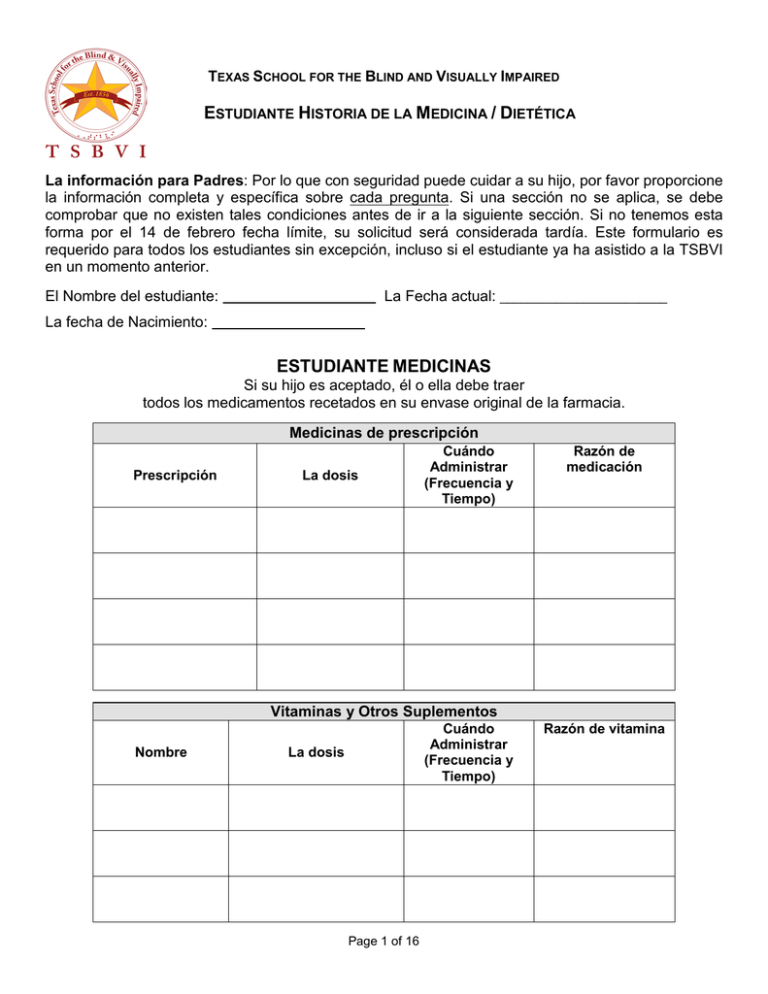 Medical Dietary Form (Spanish)