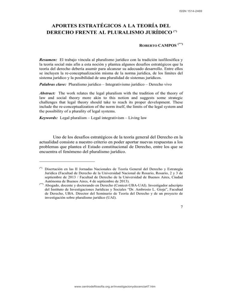 Aportes Estrat Gicos A La Teor A Del Derecho Frente Al Pluralismo Jur Dico