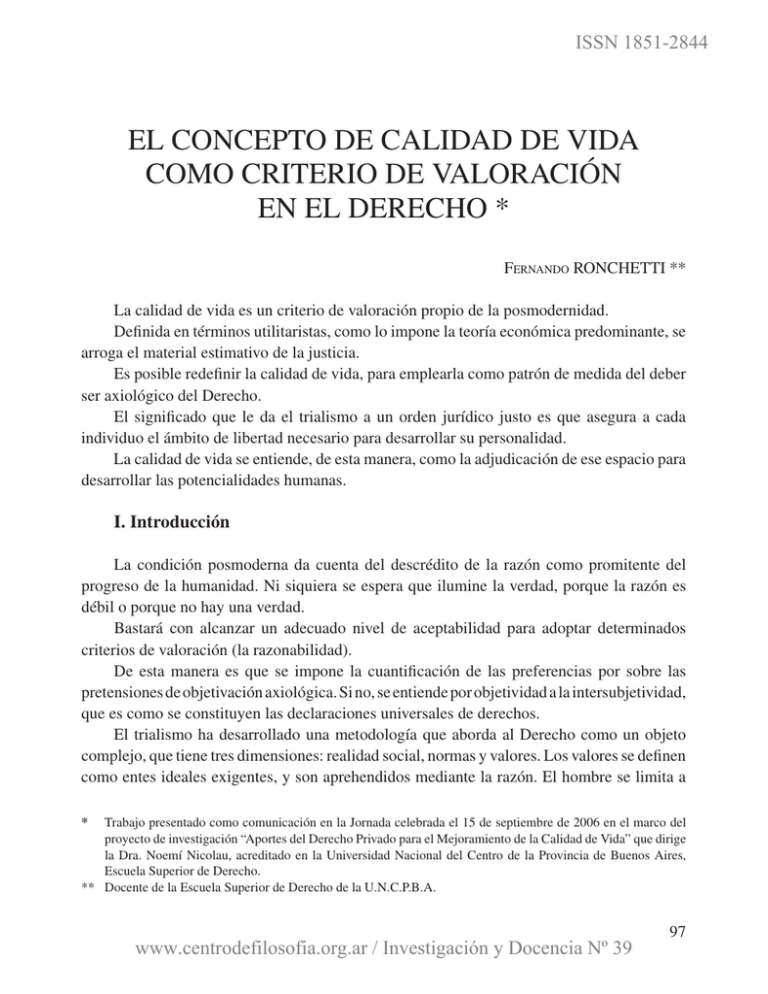 El Criterio De Calidad De Vida Como Criterio De Valoraci N En El Derecho