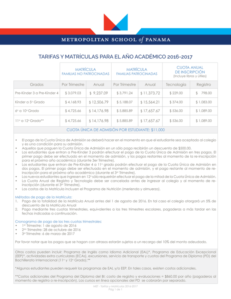 MET Spanish Tuition and Fees