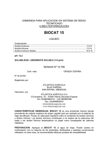 BIOCAT 15 ENMIENDA PARA APLICACION VÍA SISTEMA DE RIEGO TECNIFICADO (LINEA FERTIRRIGACIÓN)