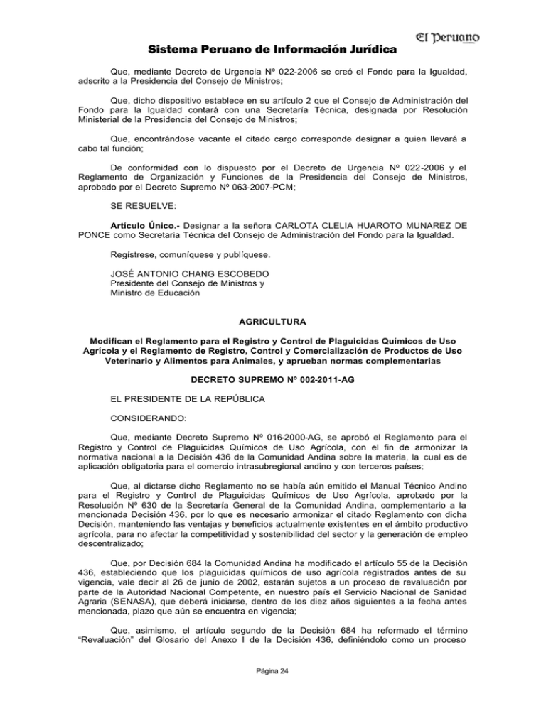 Modifican El Reglamento Para El Registro Y Control De Plaguicidas ...