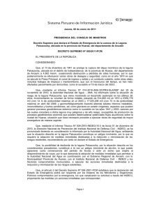Decreto Supremo que declara el Estado de Emergencia de la cuenca de la Laguna Palcacocha, ubicada en la provincia de Huaraz, del departamento de Ancash