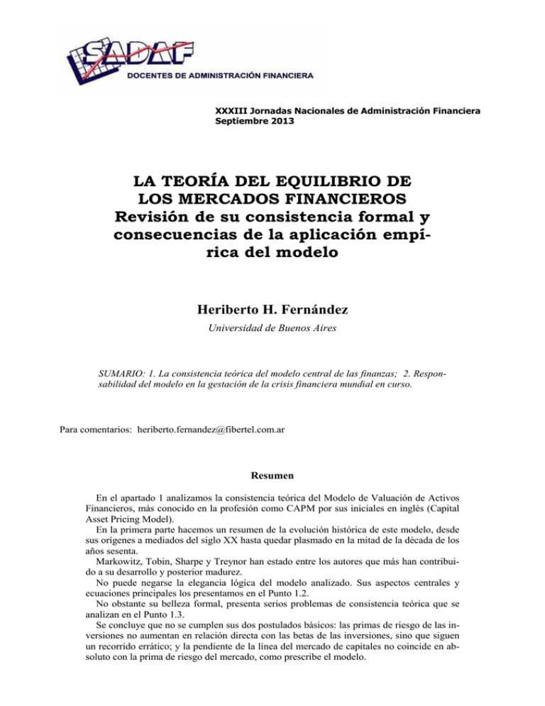 La Teor A Del Equilibrio De Los Mercados Financieros Revisi N De Su 
