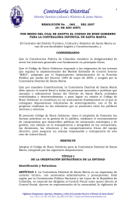 Descargars la política Código de Buen Gobierno Contraloria Distrital de Santa Marta Tipo de archivo: pdf Tamaño: 267.8 kB
