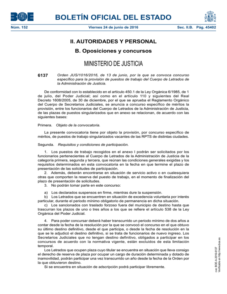 BOLETÍN OFICIAL DEL ESTADO MINISTERIO DE JUSTICIA II. AUTORIDADES Y ...