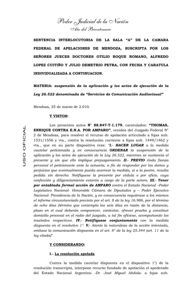 SENTENCIA INTERLOCUTORIA DE LA SALA A DE LA C MARA FEDERAL DE ...