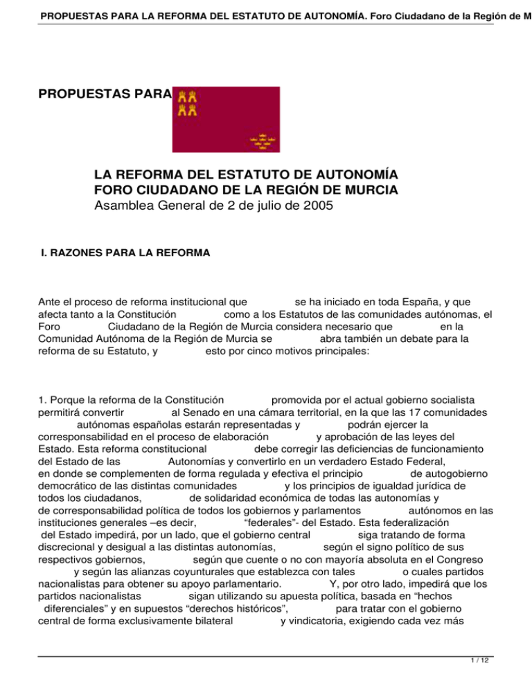 PROPUESTAS PARA LA REFORMA DEL ESTATUTO DE AUTONOMÍA