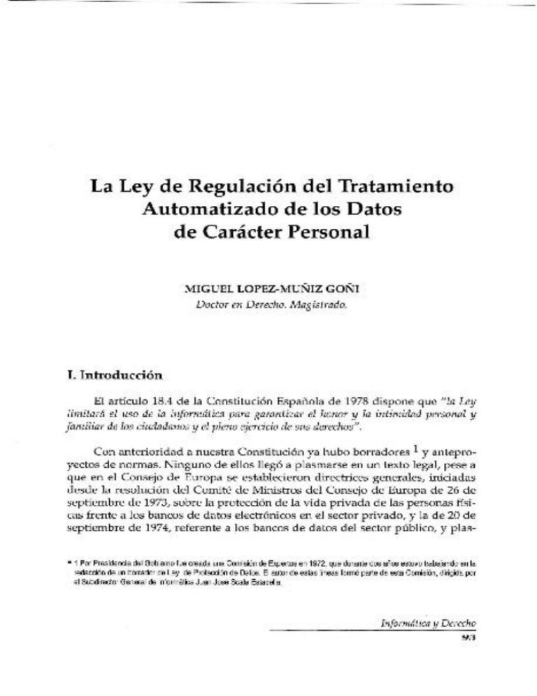 La Ley De Regulación Del Tratamiento Automatizado De Los Datos Introducción