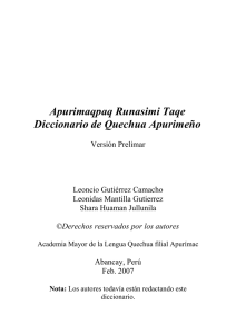 Apurimaqpaq Runasimi Taqe Diccionario de Quechua Apurimeño