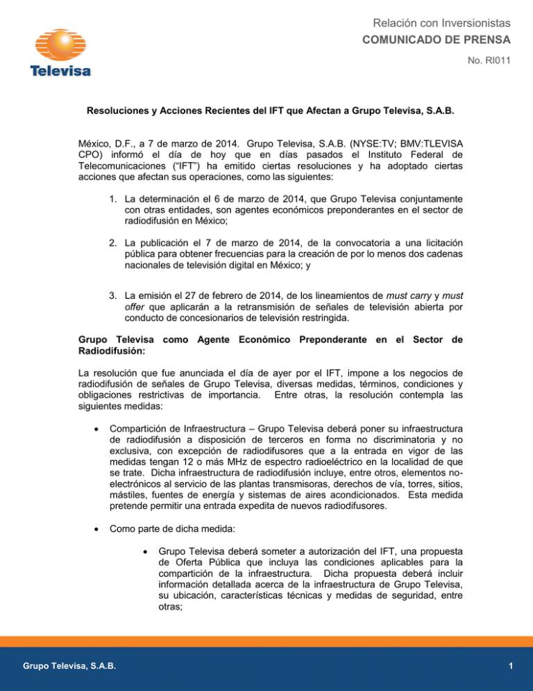 Relación Con Inversionistas COMUNICADO DE PRENSA