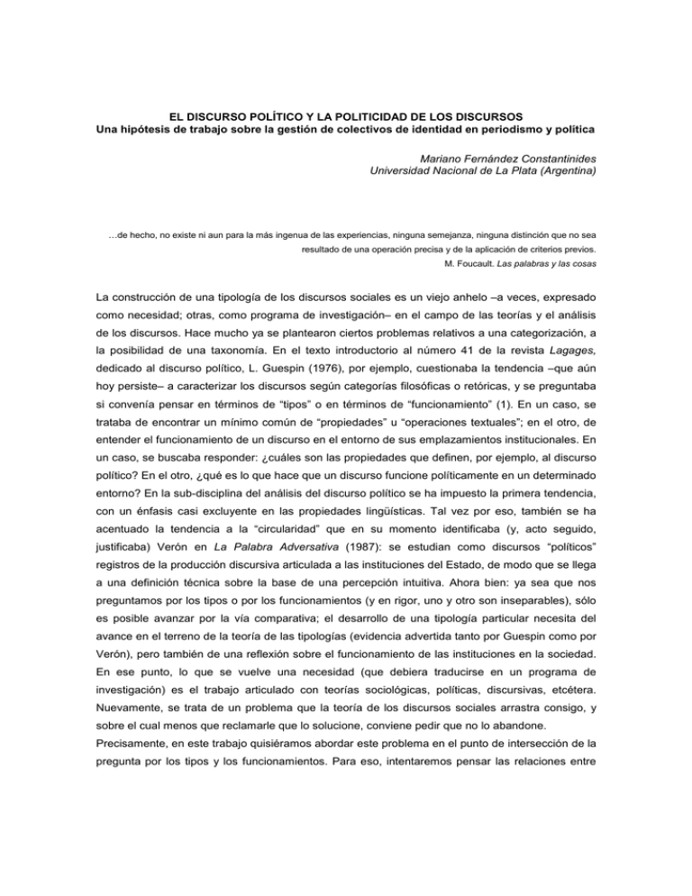 EL DISCURSO POLÍTICO Y LA POLITICIDAD DE LOS DISCURSOS