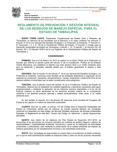 Reglamento de prevención y gestión integral de los residuos de manejo especial para el Estado de Tamaulipas.