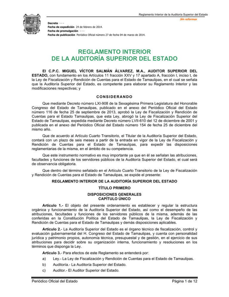 Reglamento Interior de la Auditoría Superior del Estado Reglamento Interior de la Auditoría Superior del Estado