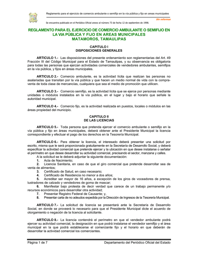 Reglamento Para El Ejercicio Del Comercio Ambulante O Semifijo En El ...