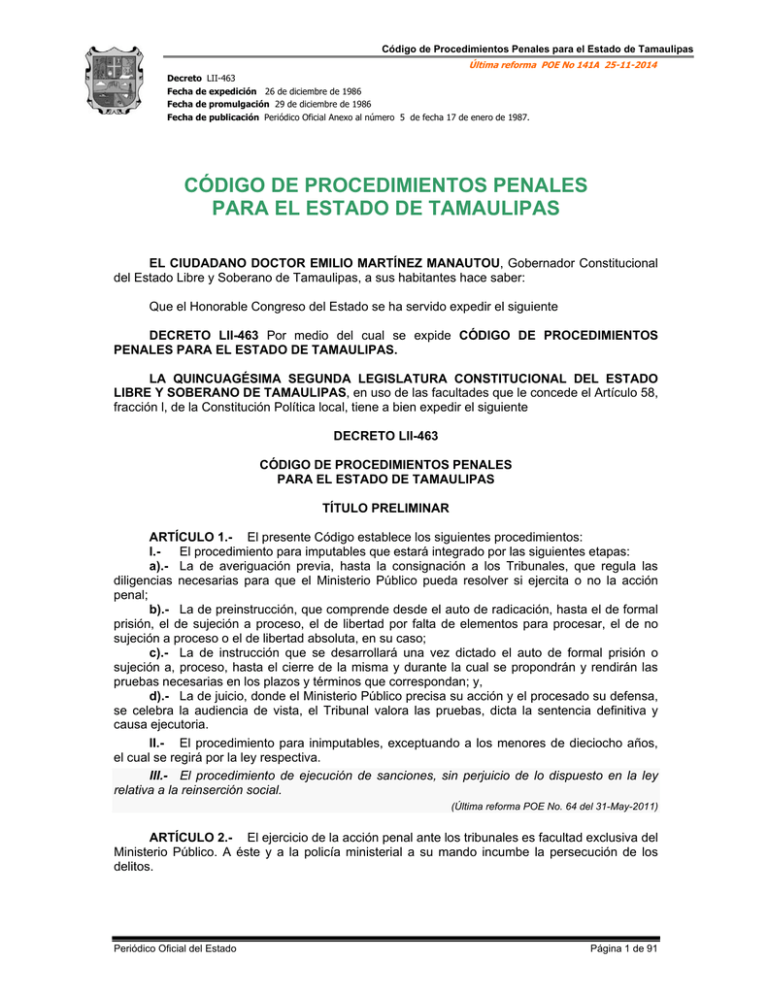 Código De Procedimientos Penales Para El Estado