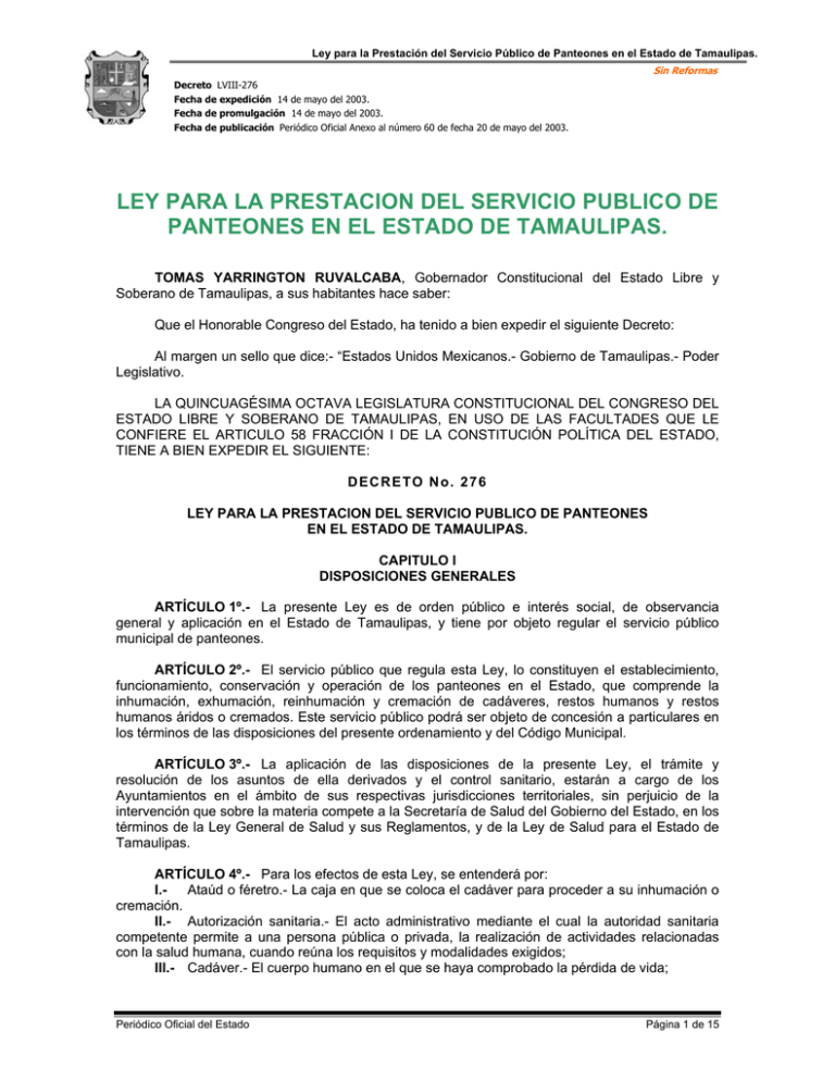 Ley Para La Prestación Del Servicio Público De Panteones En El Estado 7962