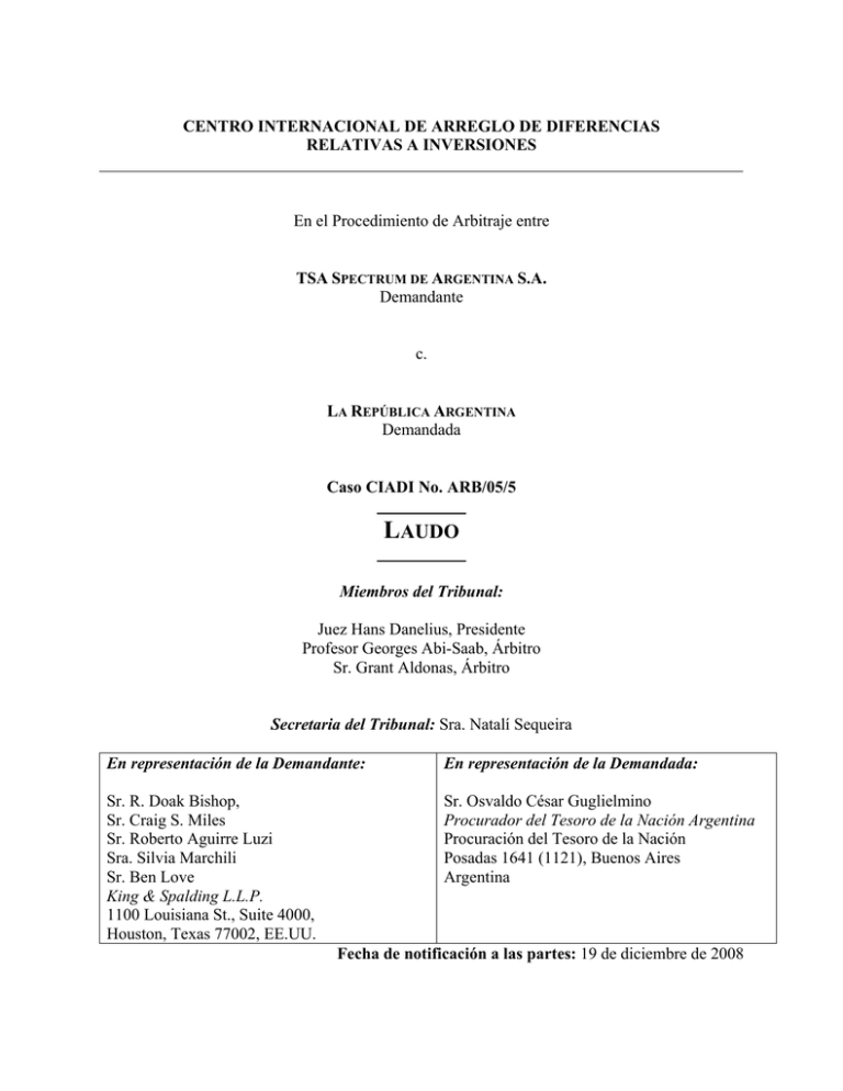CENTRO INTERNACIONAL DE ARREGLO DE DIFERENCIAS RELATIVAS A INVERSIONES TSA