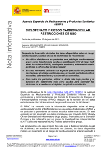 AEMPS ha emitido una nota informativa sobre diclofenaco y riesgo cardiovascular