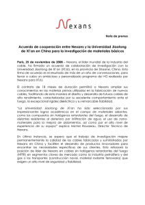 Acuerdo de cooperación entre Nexans y la Universidad Jiaotong de Xi’an en China para la investigación de materiales básicos(50.3kb)