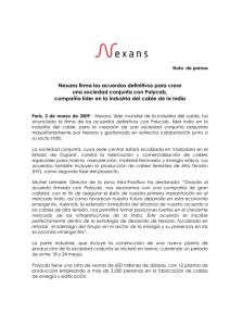 Nexans firma los acuerdos definitivos para crear una sociedad conjunta con Polycab, compañía líder en la industria del cable de la India(59.8kb)