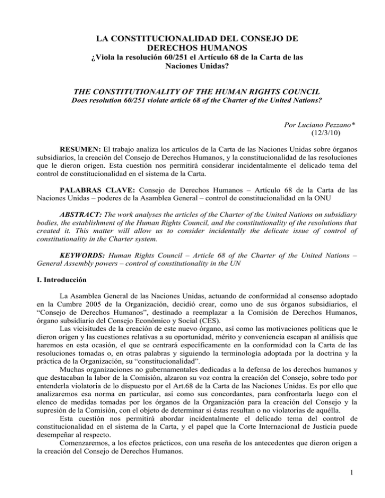 LA CONSTITUCIONALIDAD DEL CONSEJO DE DERECHOS HUMANOS Naciones Unidas?