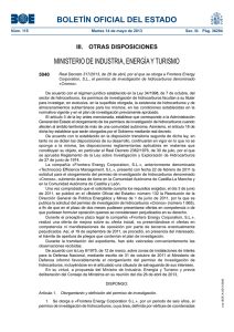 Real Decreto 14/mayo/2013 por el que se otorga permiso de investigación de hidrocarburos "cronos" a la empresaFrontera Energy Corporation, S.L, BOE