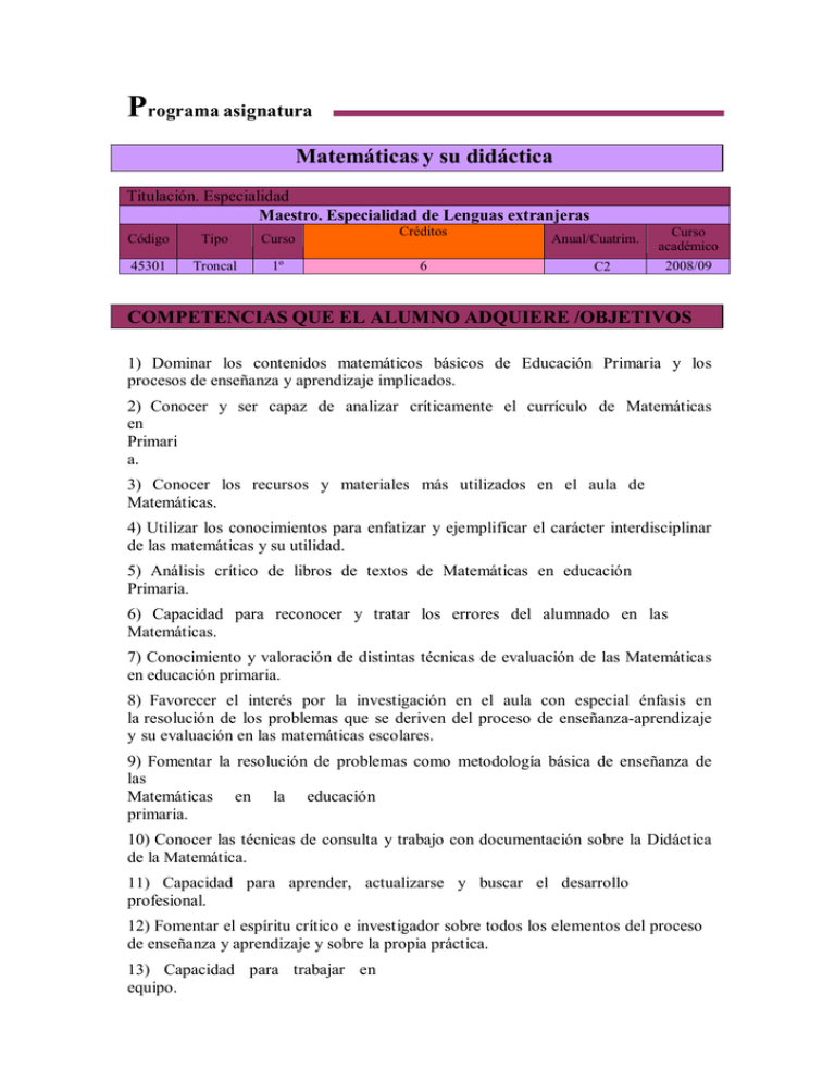 P Matemáticas Y Su Didáctica Rograma Asignatura COMPETENCIAS QUE EL ...