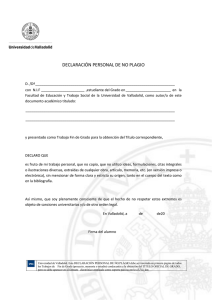 Declaración personal de no plagio (documento original e inédito).