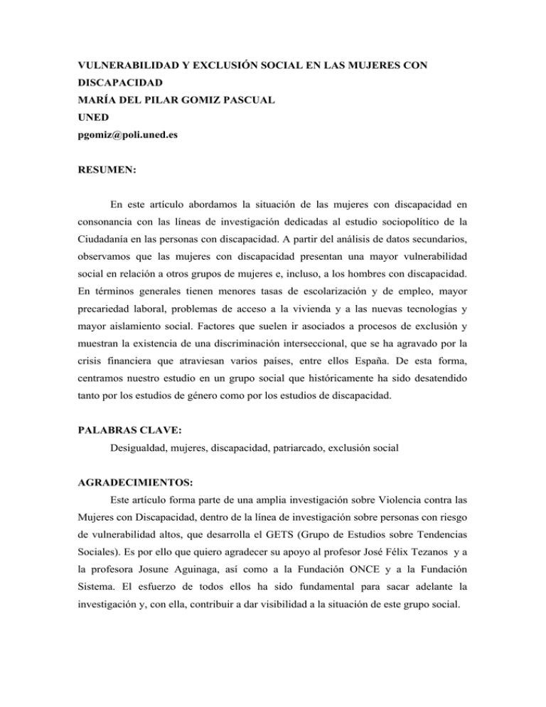 VULNERABILIDAD Y EXCLUSIÓN SOCIAL EN LAS MUJERES CON DISCAPACIDAD UNED