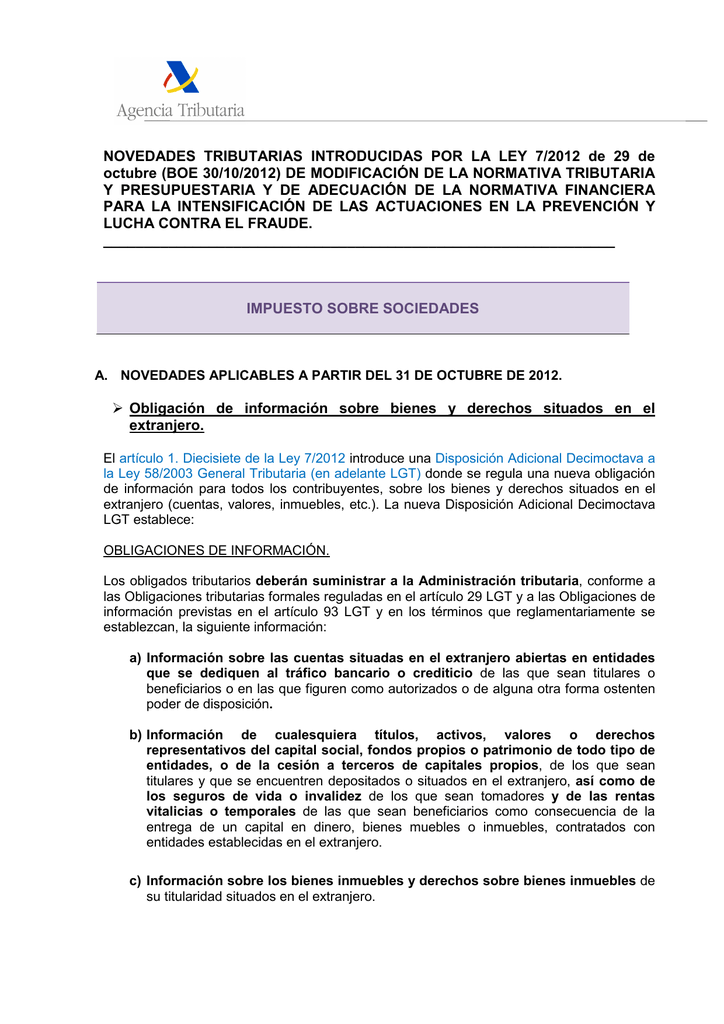 Novedades tributarias introducidas por la Ley 7/2012 de 29 de octubre