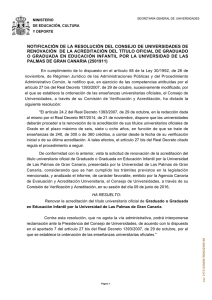 Resoluci n del Consejo de Universidades de la renovaci n de la acreditaci n del t tulo de Graduado-a en Educaci n Infantil (junio 2016)