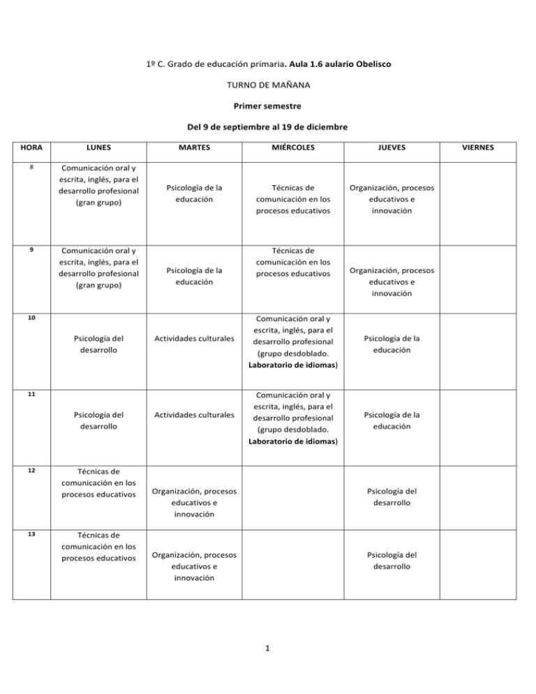 Horarios Grado De Educaci N Primaria