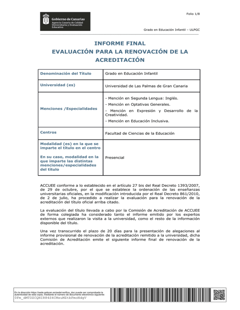 Informe Final De Evaluaci N Para La Renovaci N Del Titulo