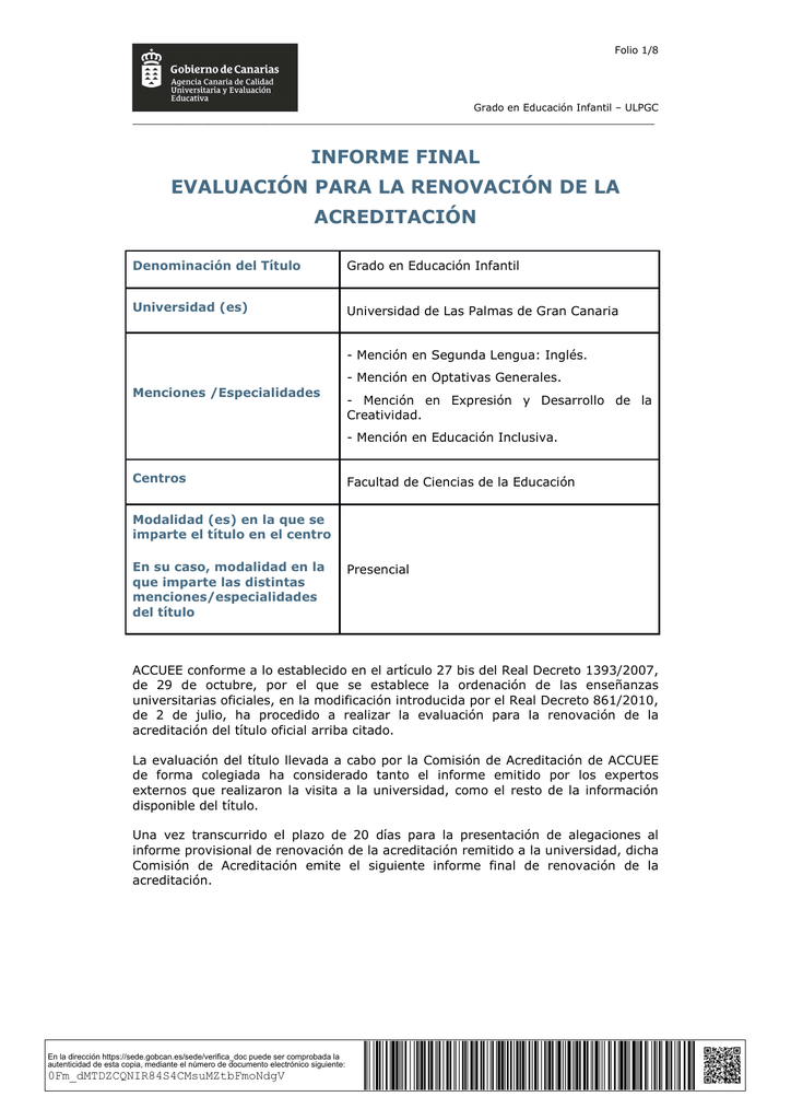 INFORME FINAL DE EVALUACI N PARA LA RENOVACI N DEL TITULO 2016