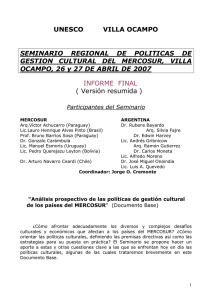 Documento Base del Seminario Regional de Políticas de Gestión Cultural del MERCOSUR