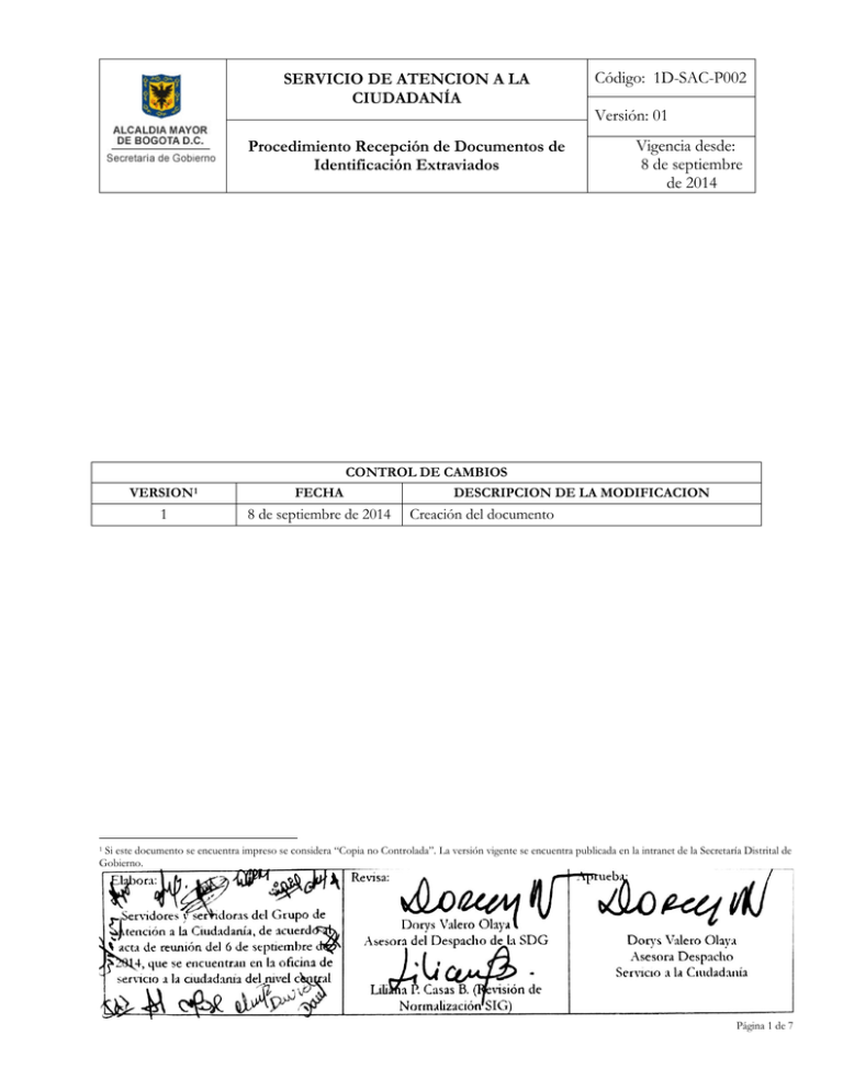 1D SAC P002 Procedimiento Recepcion De Documentos De Identificacion 