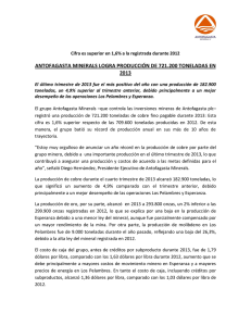 Antofagasta Minerals logra producción de 721.200 Toneladas en 2013