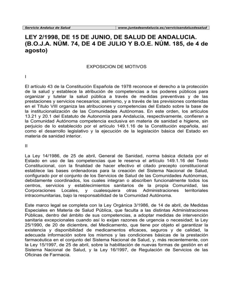 Ley 2/1998, de 15 de junio, de Salud de Andaluc a Ley 2/1998, de 15 de junio, de Salud de Andaluc a