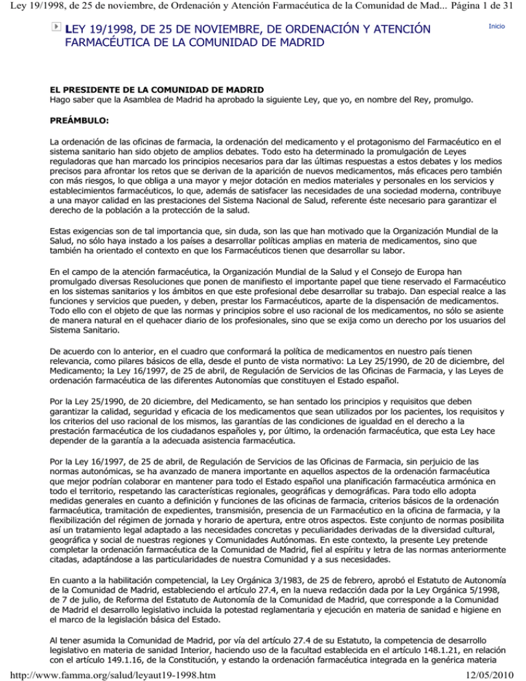 Ley 19/1998, De 25 De Noviembre, De Ordenaci N Y Atenci N Farmac Utica ...