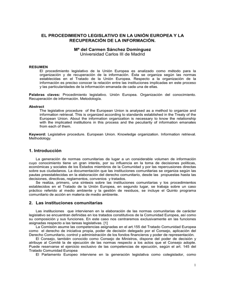 El procedimiento legislativo en la Unión Europea y la recuperación de