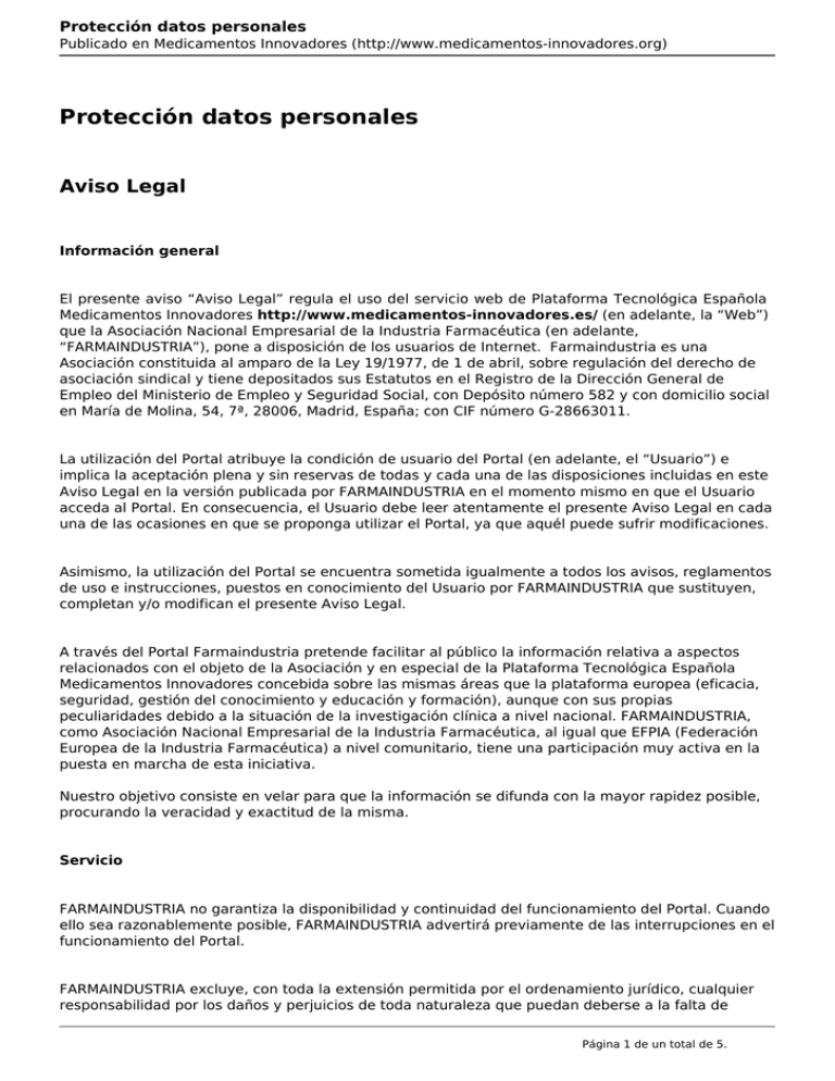 Protección datos personales Aviso Legal