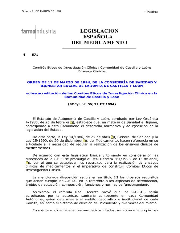 Orden de 11 de marzo de 1994, de la Consejería de Sanidad y Bienestar