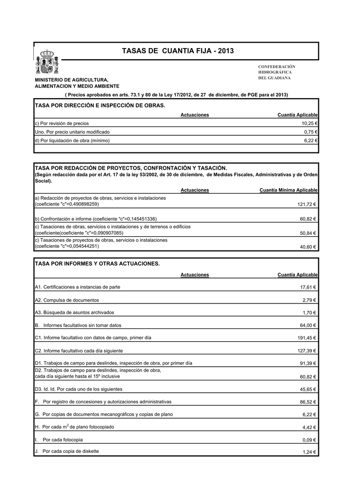 Tarifas Tasas 2013