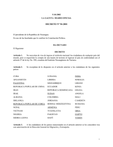 Decreto Visas de ingreso. Decreto no. 94-2001