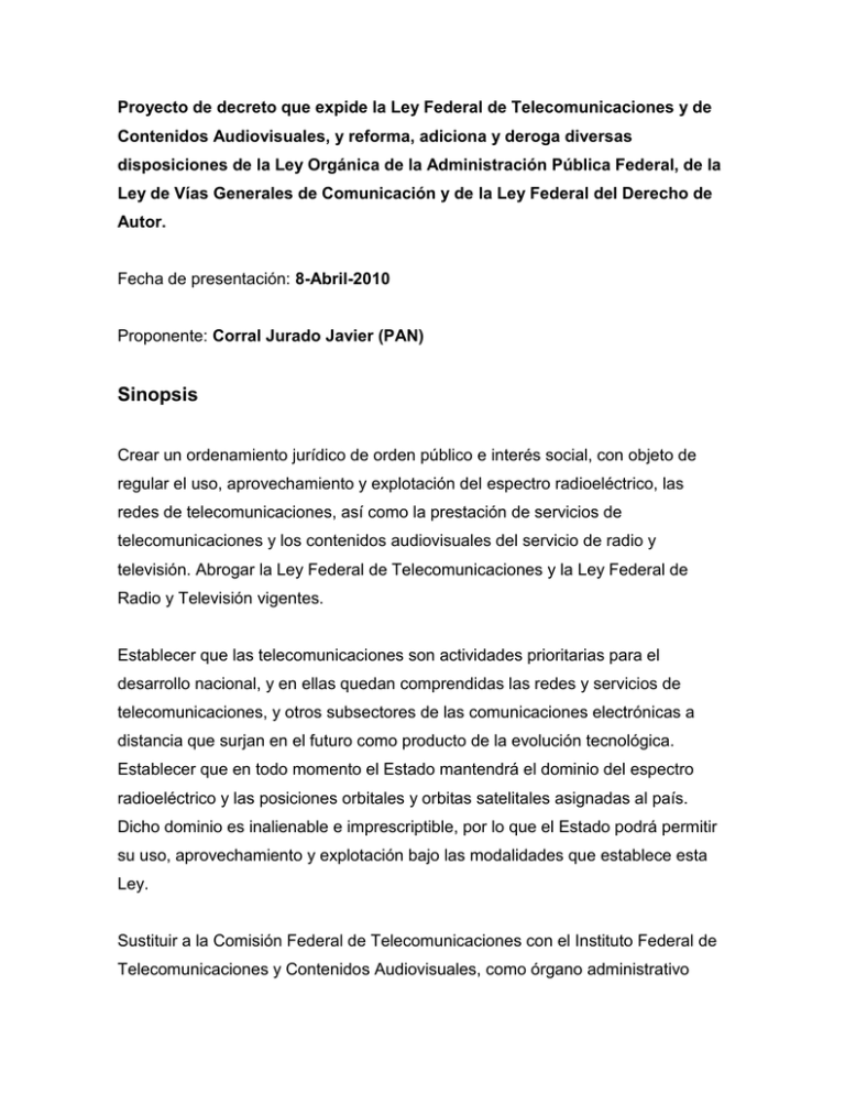 Proyecto De Decreto Que Expide La Ley Federal De Telecomunicaciones ...